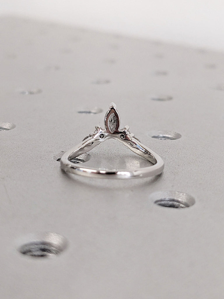 Platinum Minimalist Curved Diamond Wedding Band | Salt and Pepper Grey Diamond Ring for Women | Chevron Stacking Ring | Diamond Crown Ring