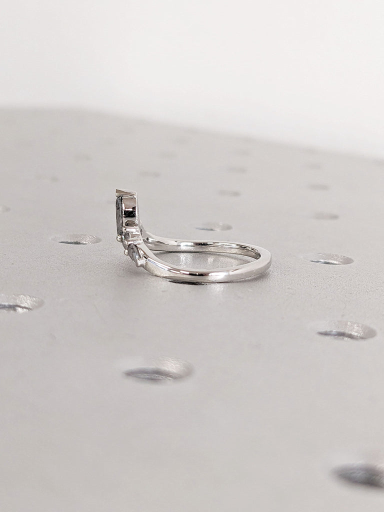 Platinum Minimalist Curved Diamond Wedding Band | Salt and Pepper Grey Diamond Ring for Women | Chevron Stacking Ring | Diamond Crown Ring