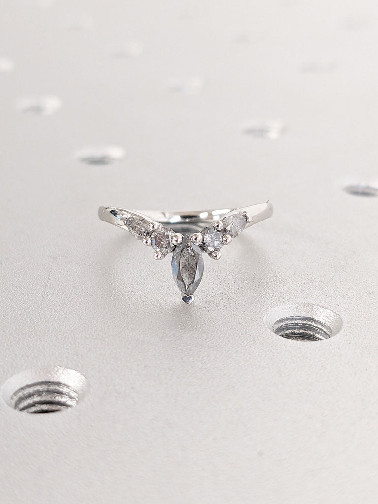 Marquise cut Salt and Pepper Grey Diamond Wedding Band | Platinum Chevron Ring | Art Deco Style Curved Wedding Ring | Thin Gold Band Diamond Ring Anniversary Gifts for Her