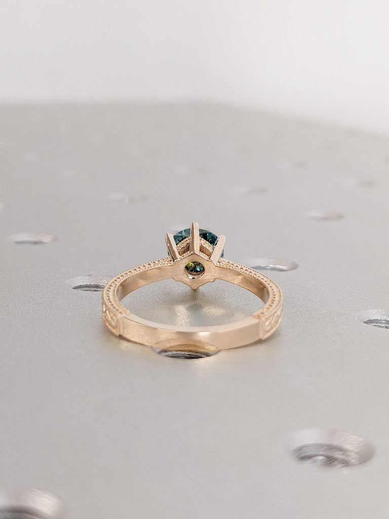 14K Rose Gold Antique Engagement Ring | Peacock Sapphire Solitaire Ring | Handmade Milgrain Filigree Woman Wedding Band | Gift for Her