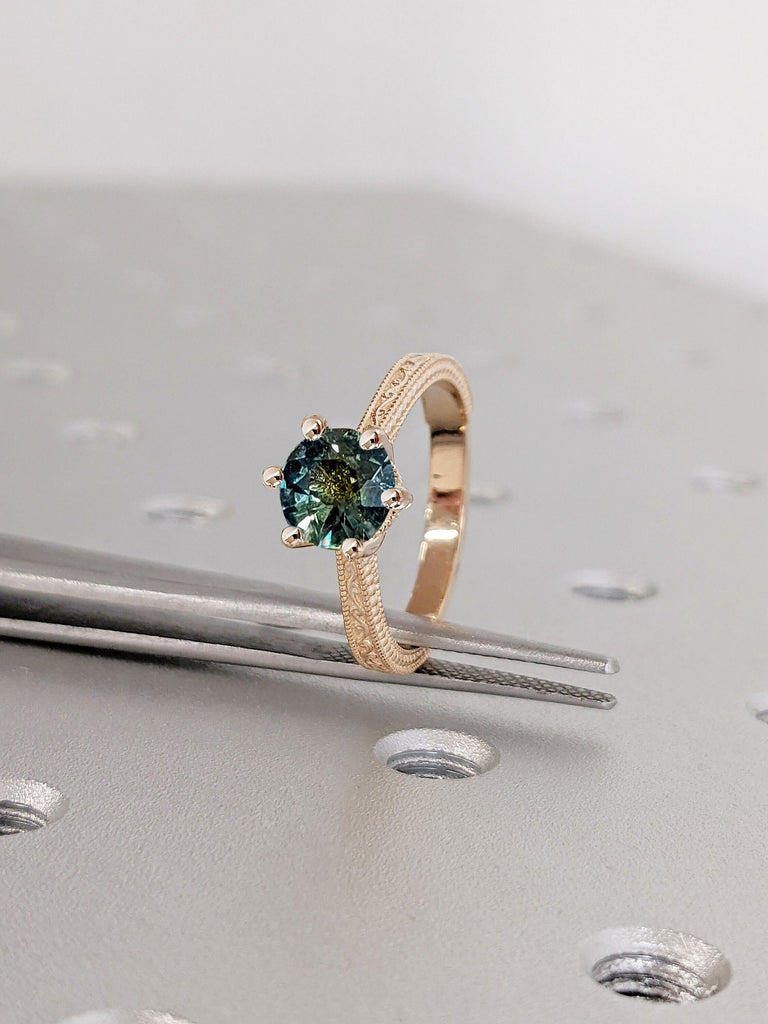 Unique Vintage Teal Sapphire Ring Bridal Set | Solid Gold Art Deco Milgrain Filigree Band | Classic Wedding Milgrain Engagement Ring Set