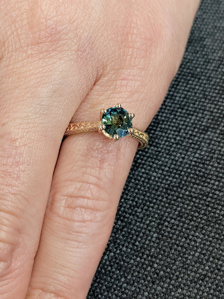 Blue Green Sapphire Solitaire Engagement Ring for Her | Vintage Proposal Ring | Simple Promise Ring | 14K Yellow Gold Filigree Wedding Ring