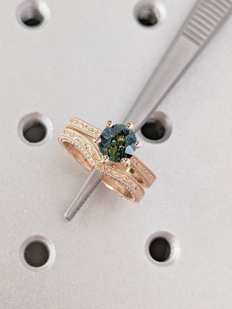 Unique Round Natural Teal Sapphire Engagement Ring | Solid Gold Filigree Sapphire Ring | September Birthstone Wedding Anniversary Ring Set