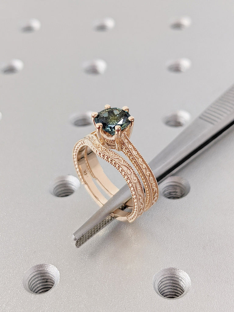 14K Rose Gold Antique Engagement Bridal Ring Set | Peacock Sapphire Solitaire Ring | Art Deco Filigree Curve Wedding Band | Stacking Ring