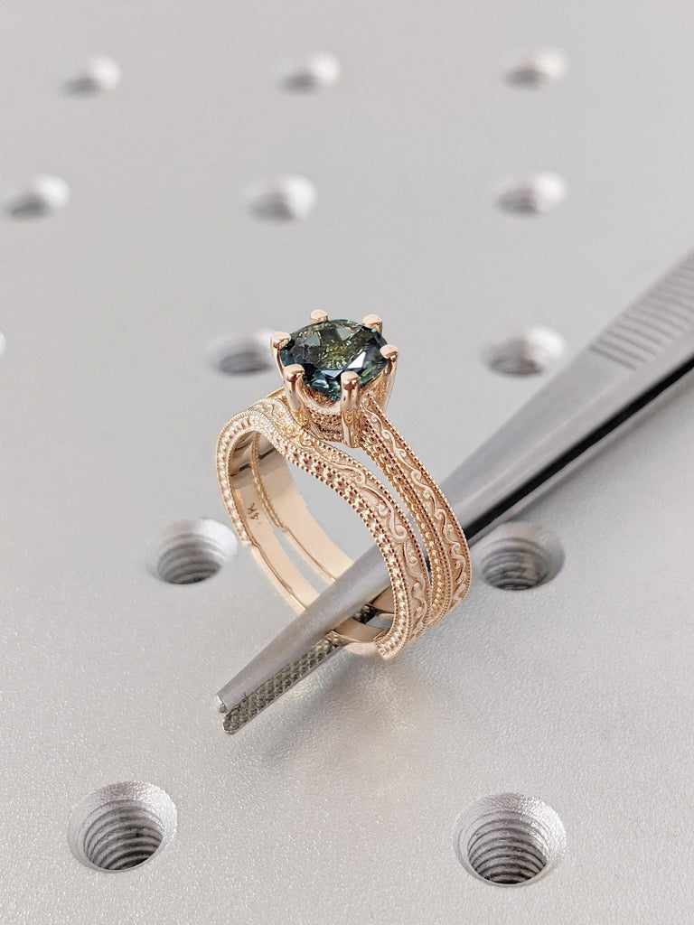 Unique Round Natural Teal Sapphire Engagement Ring | Solid Gold Filigree Sapphire Ring | September Birthstone Wedding Anniversary Ring Set