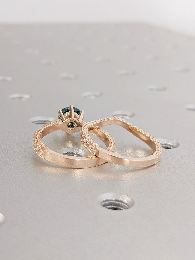 14K Rose Gold Antique Engagement Bridal Ring Set | Peacock Sapphire Solitaire Ring | Art Deco Filigree Curve Wedding Band | Stacking Ring