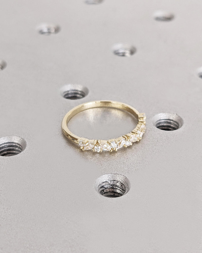 Alternating Marquise Round Diamond Ring, 14K Solid Gold, Marquise Diamond Wedding Ring, Stackable Band, Marquise Diamond Ring, 14K Gold Ring