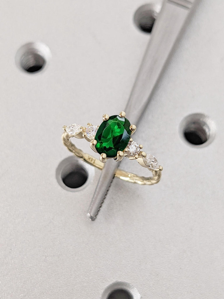 Oval Lab Grown Emerald Engagement Ring, 14K Gold Engagement Ring, Vintage Proposal Ring, Marquise Diamond Twisted Ring, Anniversary Promise Ring for Her