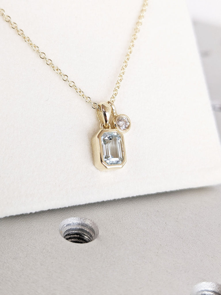 Emerald Cut Lab Aquamarine Necklace, 14K Solid Yellow Gold Dainty Diamond Pendant, Classic Necklace for Her, Everyday Diamond Gold Necklace