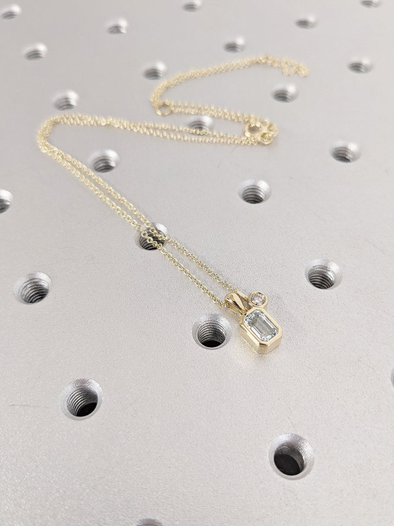 Emerald Cut Lab Aquamarine Necklace, 14K Solid Yellow Gold Dainty Diamond Pendant, Classic Necklace for Her, Everyday Diamond Gold Necklace