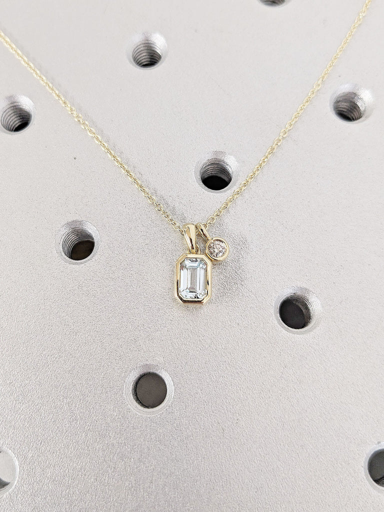 Emerald Cut Lab Aquamarine Necklace, 14K Solid Yellow Gold Dainty Diamond Pendant, Classic Necklace for Her, Everyday Diamond Gold Necklace image #4