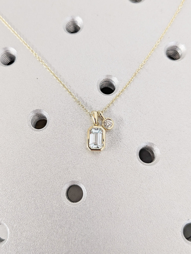 Emerald Cut Lab Aquamarine Necklace, 14K Solid Yellow Gold Dainty Diamond Pendant, Classic Necklace for Her, Everyday Diamond Gold Necklace
