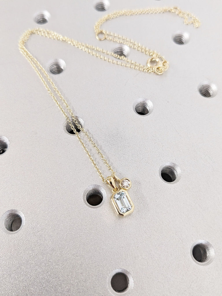 Emerald Cut Lab Aquamarine Necklace, 14K Solid Yellow Gold Dainty Diamond Pendant, Classic Necklace for Her, Everyday Diamond Gold Necklace