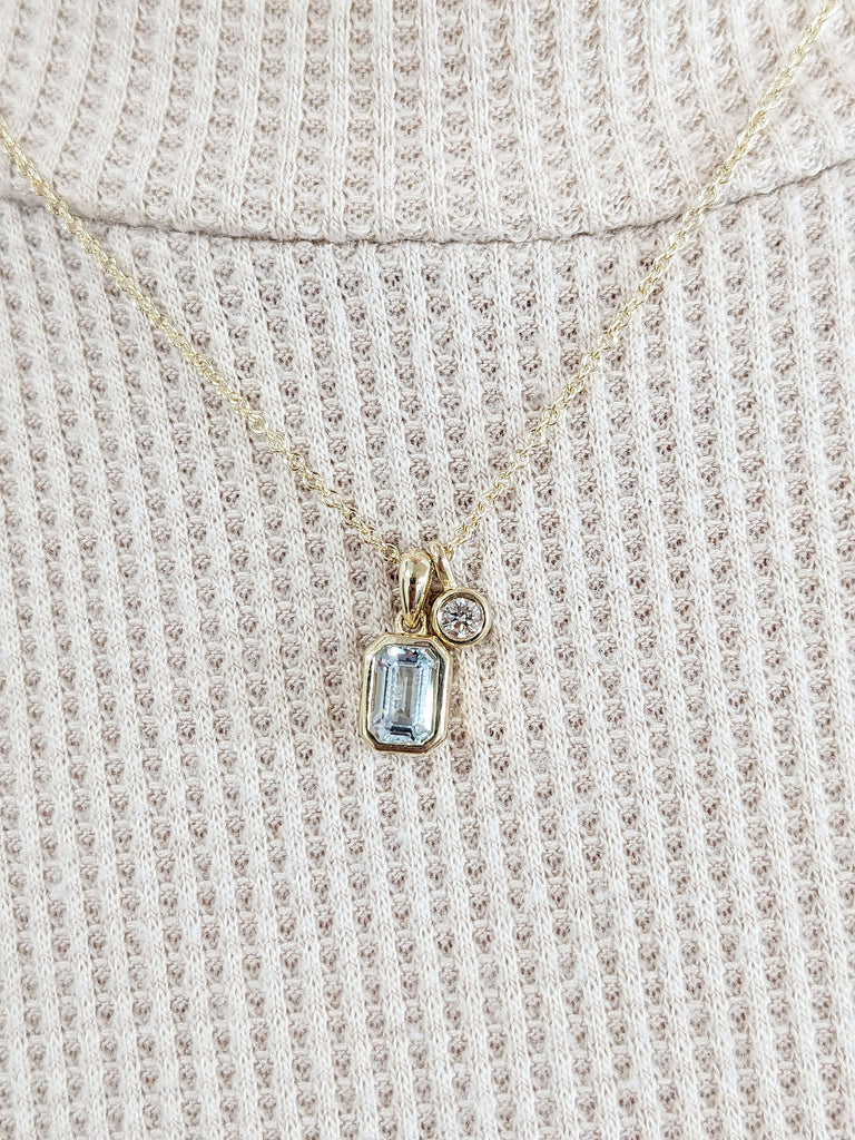 Emerald Cut Lab Aquamarine Necklace, 14K Solid Yellow Gold Dainty Diamond Pendant, Classic Necklace for Her, Everyday Diamond Gold Necklace
