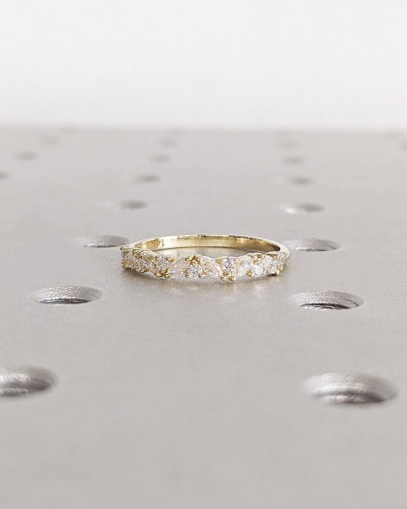 14k Solid Gold Half Eternity Band | Marquise Cut Round Wedding Band | Stackable Infinity Ring | Anniversary Gift for Women