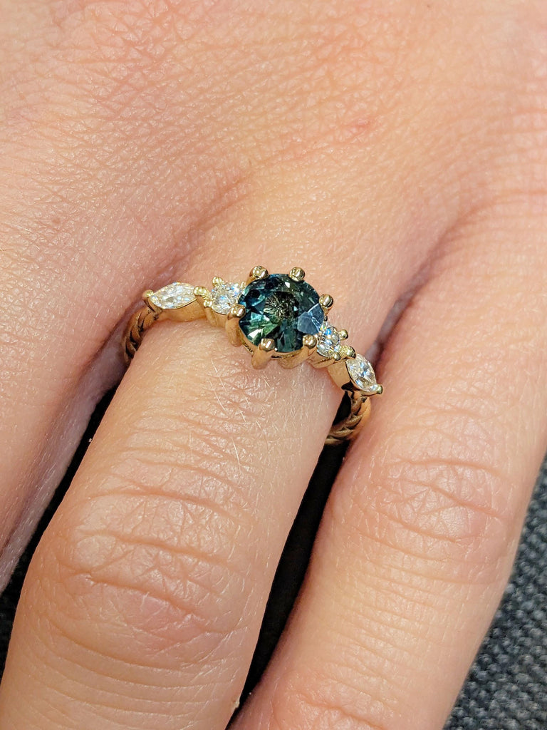 Vintage Teal Sapphire Engagement Twist Ring For Her | Antique Rose Gold Peacock Sapphire Round cut Ring | Diamond Cluster Anniversary Ring