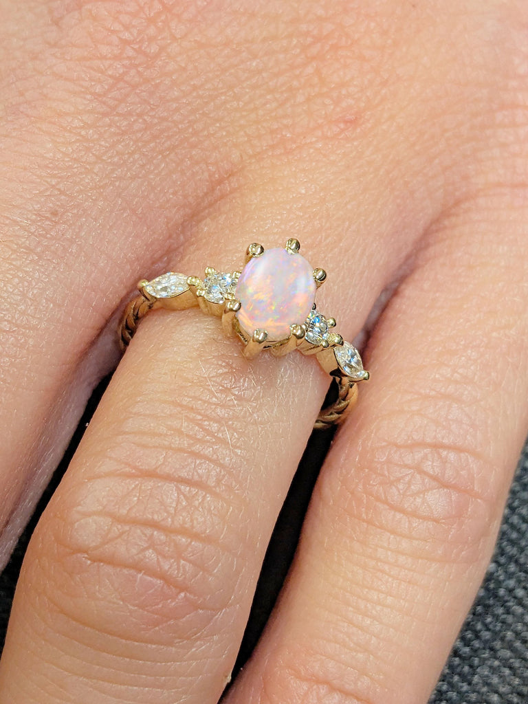 Opal and Diamond Ring Minimalist, Dainty Crystal Ring, Minimalist Thin Ring, Engagement Ring, Anniversary Gift, Solid Yellow Gold Promise Ring