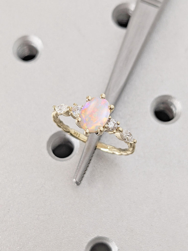 Natural Opal Gemstone Ring, Oval Cut Opal Engagement Ring, Unique Twist Band Engagement Ring, Moissanite Diamond Cluster Bridal Twisted Ring