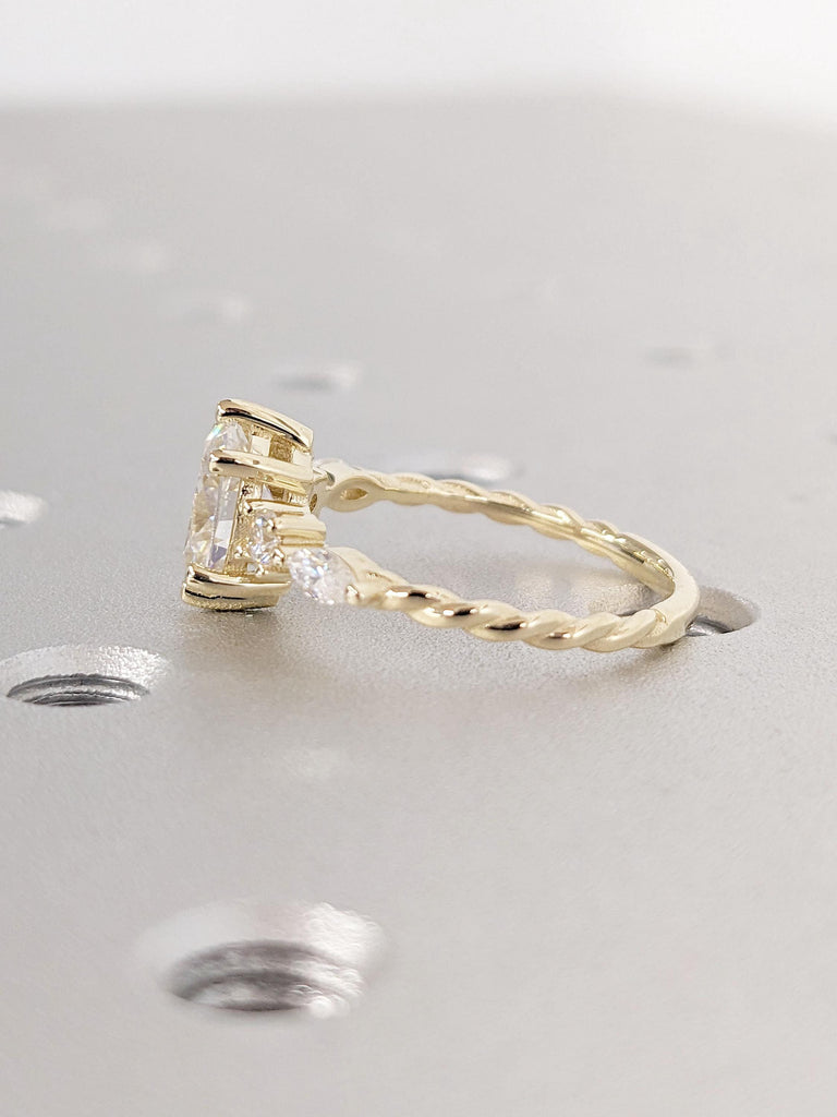 Unique Twist Band Engagement Ring, Oval Moissanite Engagement Ring, Oval Promise Ring, Marquise Round Diamonds/Moissanites, 14K Yellow Gold