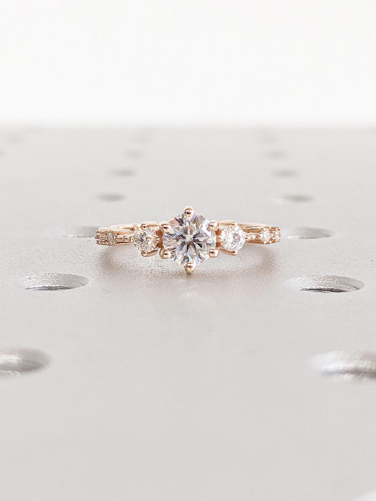 Art Deco Diamond Cluster Engagement Ring | 14K 18K Rose Gold Moissanite Ring | Unique Prong Delicate Dainty Bridal Ring | Simple Promise Anniversary ring