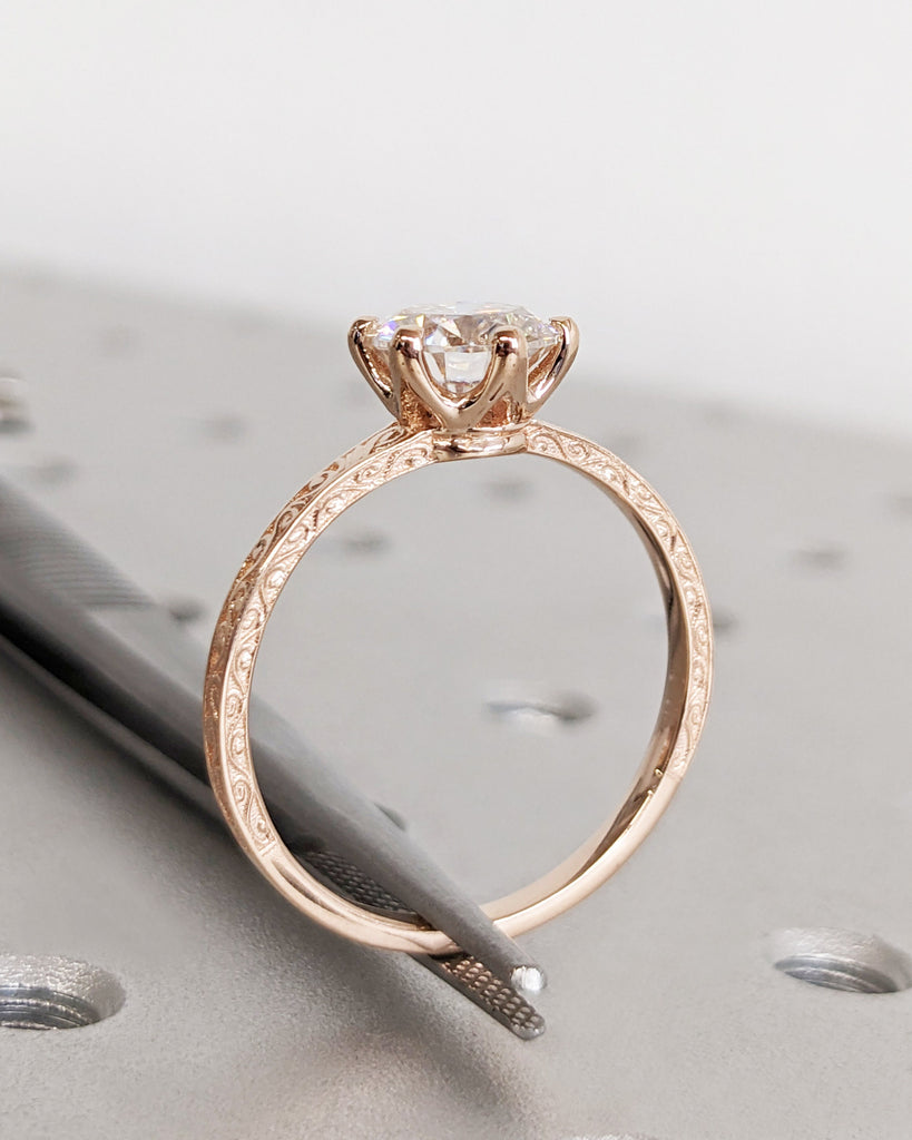 Colorless Moissanite 14k Rose /White /Yellow Gold Engagement Ring Art Deco 1920's Inspired Thin Petite Band 18k Unique Promise Ring for Her