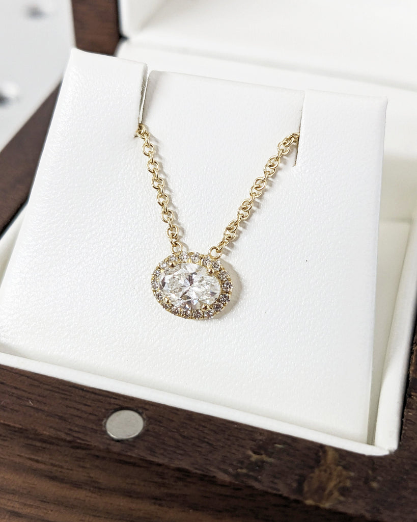 East West Oval Moissanite Solitaire Everyday Necklace | 14K Solid Gold Diamond Halo Pendant | Dainty Necklace | Anniversary Gift for Her