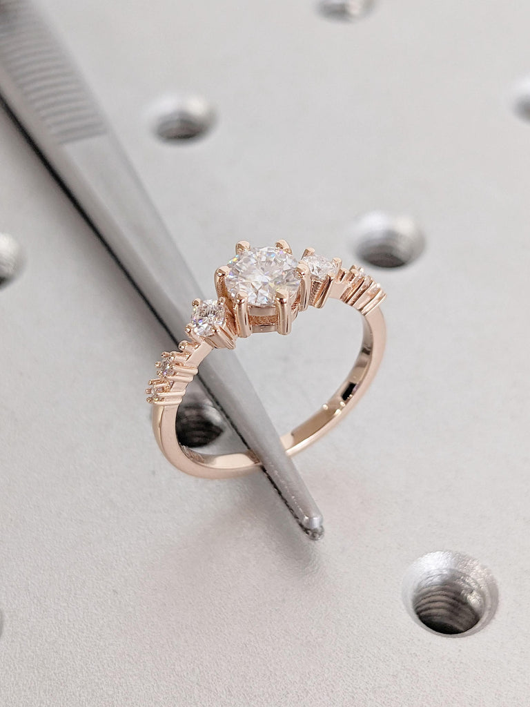 Classical Round Lab Grown Diamond Engagement Ring | 14K Rose Gold Promise Anniversary Ring, Vintage Art Deco Diamond Cluster Engagement Ring