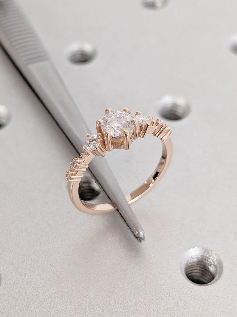 Art Deco Diamond Cluster Engagement Ring | 14K Rose Gold Lab Diamond Ring | Unique Prong Delicate Dainty Bridal Promise Anniversary Ring