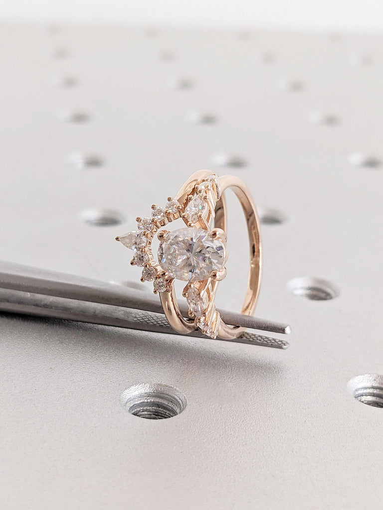 VVS Moissanite Solitaire Ring for Women, Unique Vintage Oval shaped Diamond Engagement Ring, 14k Rose Gold Minimalist Curve Diamond Stacking Ring | Matching Ring Wedding Set