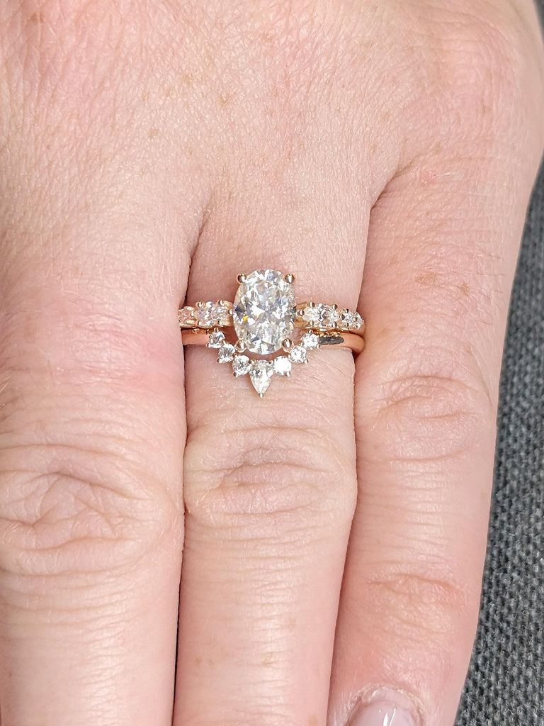 Vintage Moissanite Oval shaped Diamond Engagement Ring | 14k Rose Gold Promise Ring | Antique Lab Diamond Crown Ring | Curve Stacking Ring