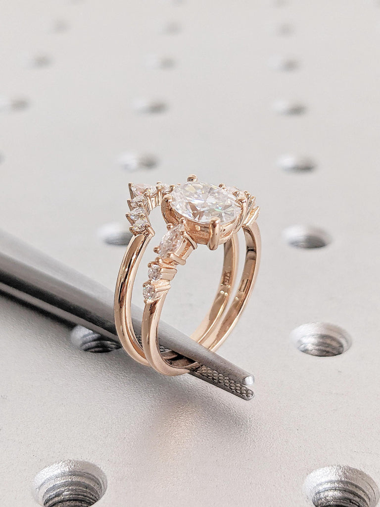 Moissanite Solitaire Ring for Women | Unique Vintage Oval Diamond Engagement Ring | 14k Rose Gold Minimalist Curve Diamond Stacking Ring