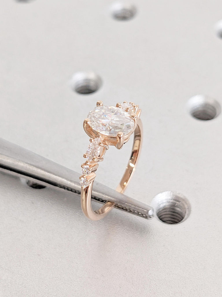 Oval Moissanite Engagement Ring • 14K Rose Gold Ring • Unique Marquise Round Diamond Cluster Ring • Moissanite Ring • Bridal Wedding Jewelry