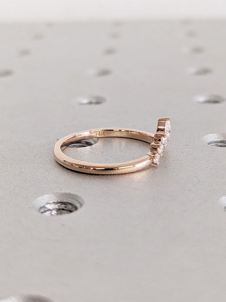 14K Curved Pear & Round Cluster Stacking Ring, Half Halo Matching Band, Dainty Wedding Band, Diamond/Moissanite Cluster, Solid Gold Fan Ring