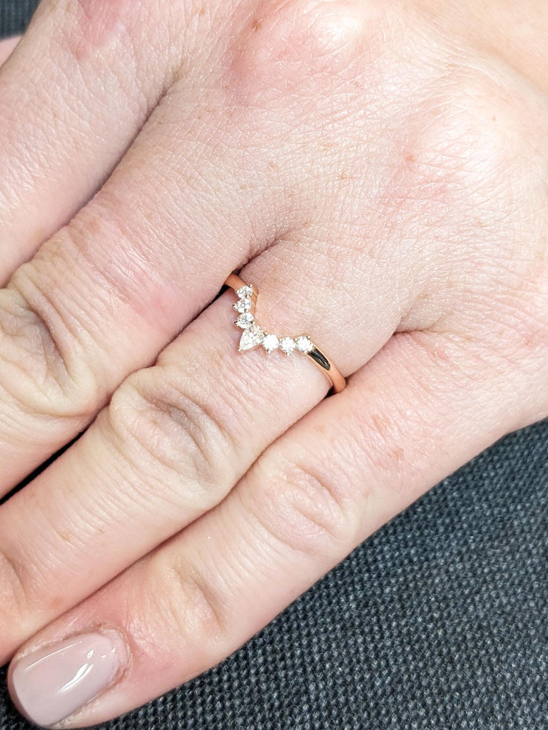14K Curved Pear & Round Cluster Stacking Ring, Half Halo Matching Band, Dainty Wedding Band, Diamond/Moissanite Cluster, Solid Gold Fan Ring
