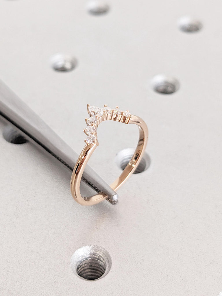 14K Curved Pear & Round Cluster Stacking Ring, Half Halo Matching Band, Dainty Wedding Band, Diamond/Moissanite Cluster, Solid Gold Fan Ring