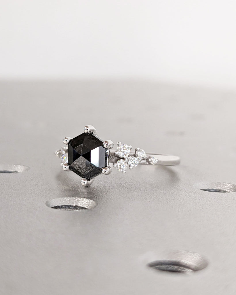 Hexagon Salt and Pepper Grey Diamond White Gold Engagement Ring | Unique Snowdrift 6 Prong Diamond Cluster Promise Ring Wedding Ring For Her