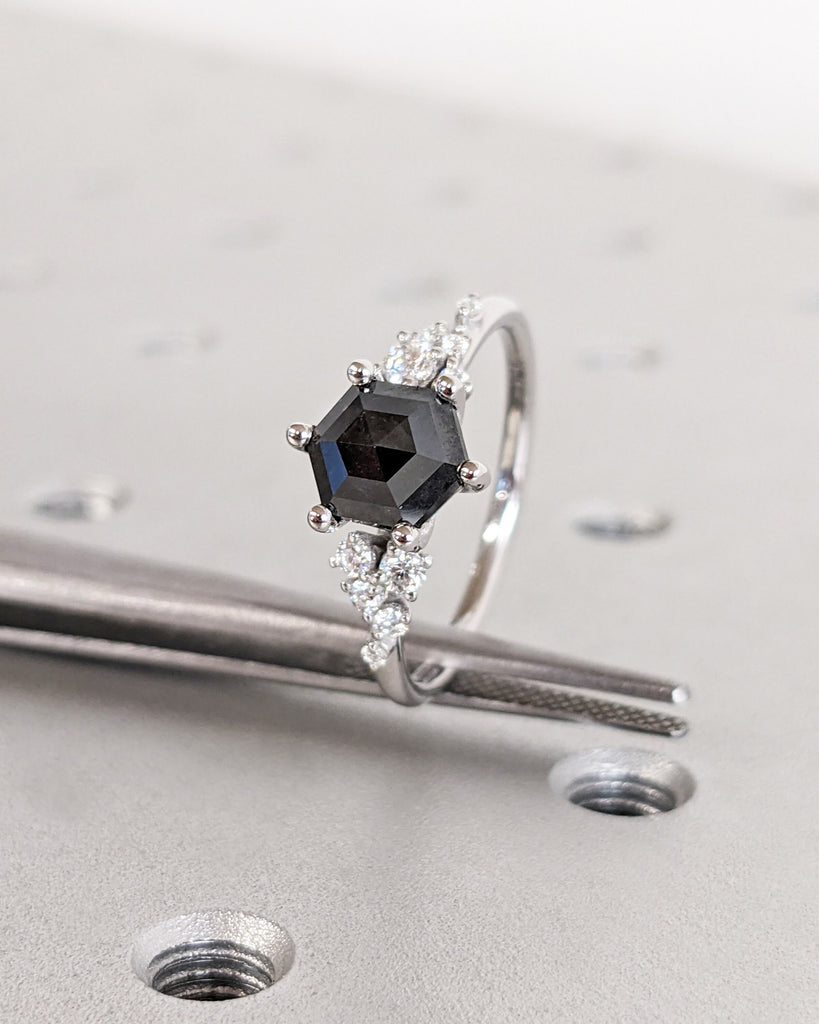 Hexagon Salt and Pepper Grey Diamond White Gold Engagement Ring | Unique Snowdrift 6 Prong Diamond Cluster Promise Ring Wedding Ring For Her