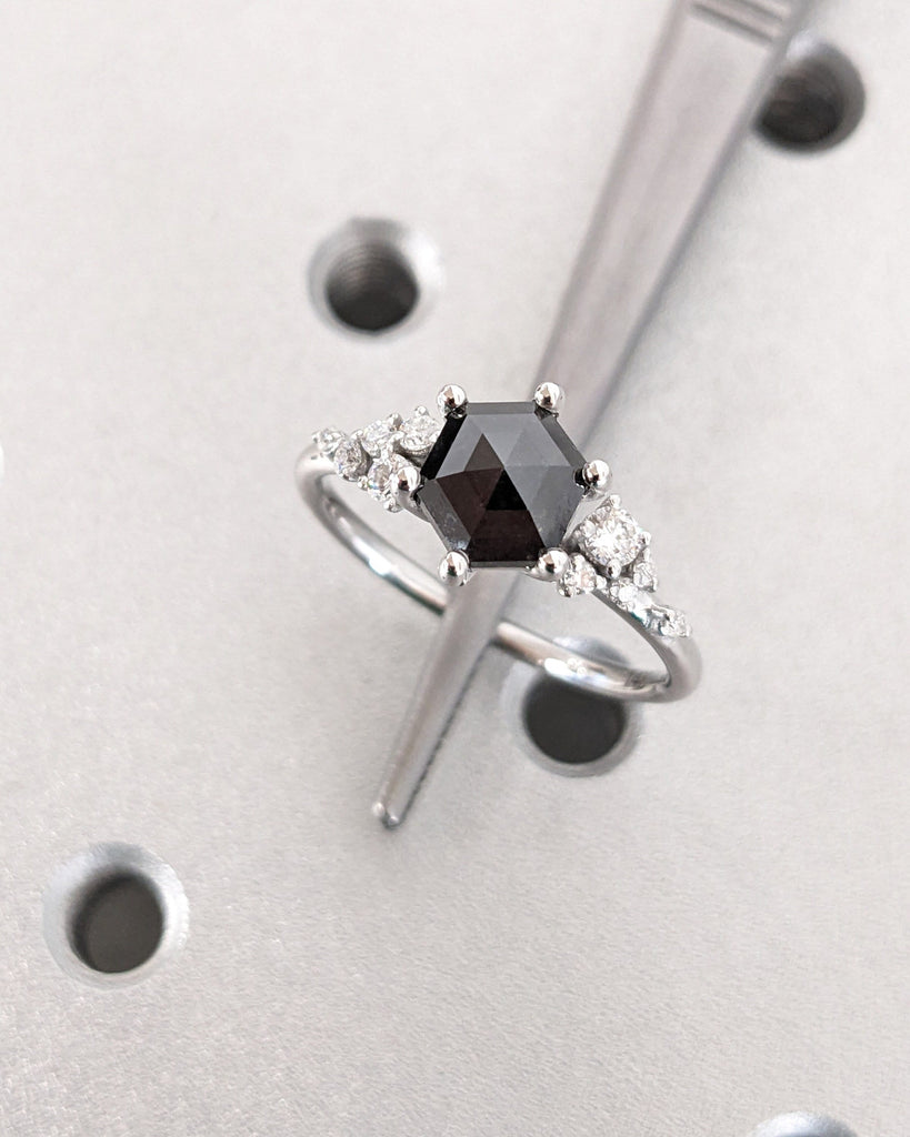 Hexagon Salt and Pepper Grey Diamond White Gold Engagement Ring | Unique Snowdrift 6 Prong Diamond Cluster Promise Ring Wedding Ring For Her