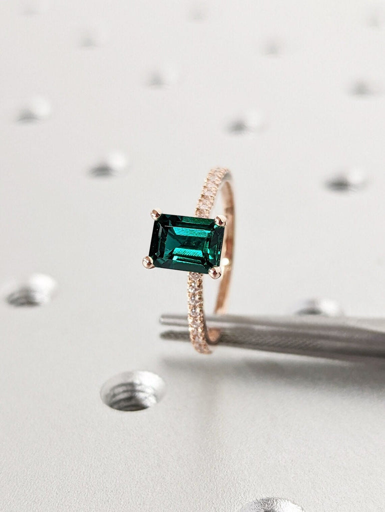 Vintage Lab Emerald Engagement Ring | Round Emerald Proposal Ring | 14K Rose Gold Diamond Eternity Wedding Band | Promise Anniversary Ring