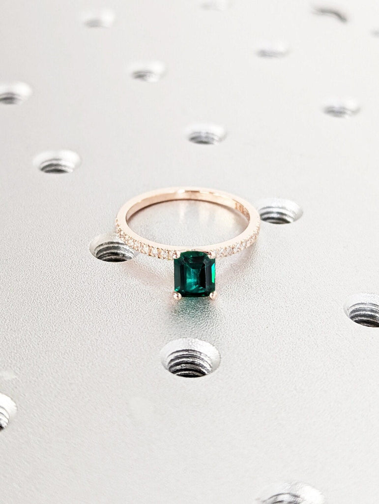 Classic Style Lab Emerald Engagement Ring, Emerald Cut Emerald Ring, Rose Gold Emerald Ring, Dainty Band, Accent Round Diamonds/Moissanites