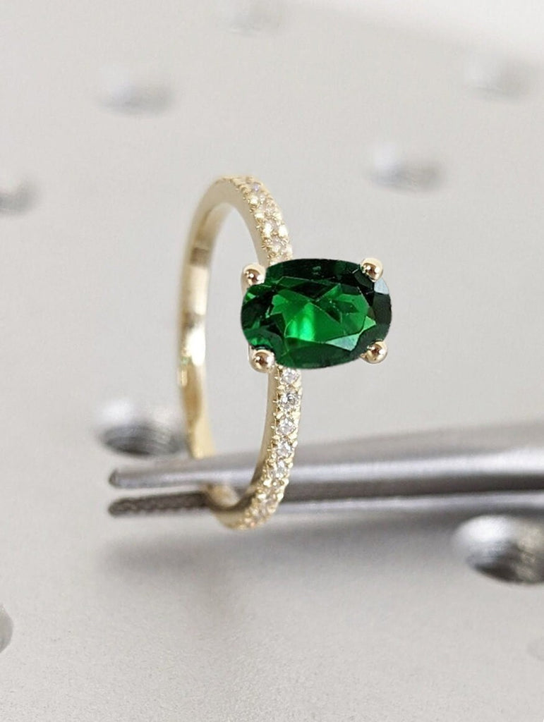 Emerald Solitaire Simple Promise Ring for Her | Yellow Gold Unique Proposal Ring | Diamond Cluster Half Eternity Wedding Band Woman Jewelry