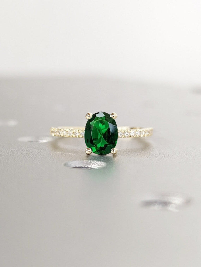 Vintage Oval cut Emerald Engagement Ring | Emerald Proposal Ring | 14K Yellow Gold Diamond Eternity Wedding Band | Anniversary Gift for Her