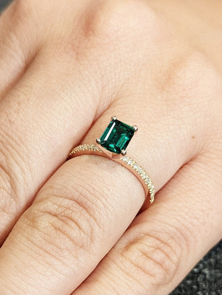 Classic Style Lab Emerald Engagement Ring, Emerald Cut Emerald Ring, Rose Gold Emerald Ring, Dainty Band, Accent Round Diamonds/Moissanites