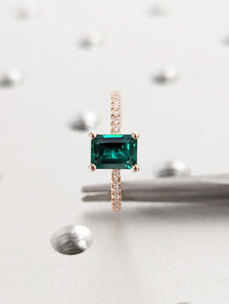 Classic Style Lab Emerald Engagement Ring, Emerald Cut Emerald Ring, Rose Gold Emerald Ring, Dainty Band, Accent Round Diamonds/Moissanites