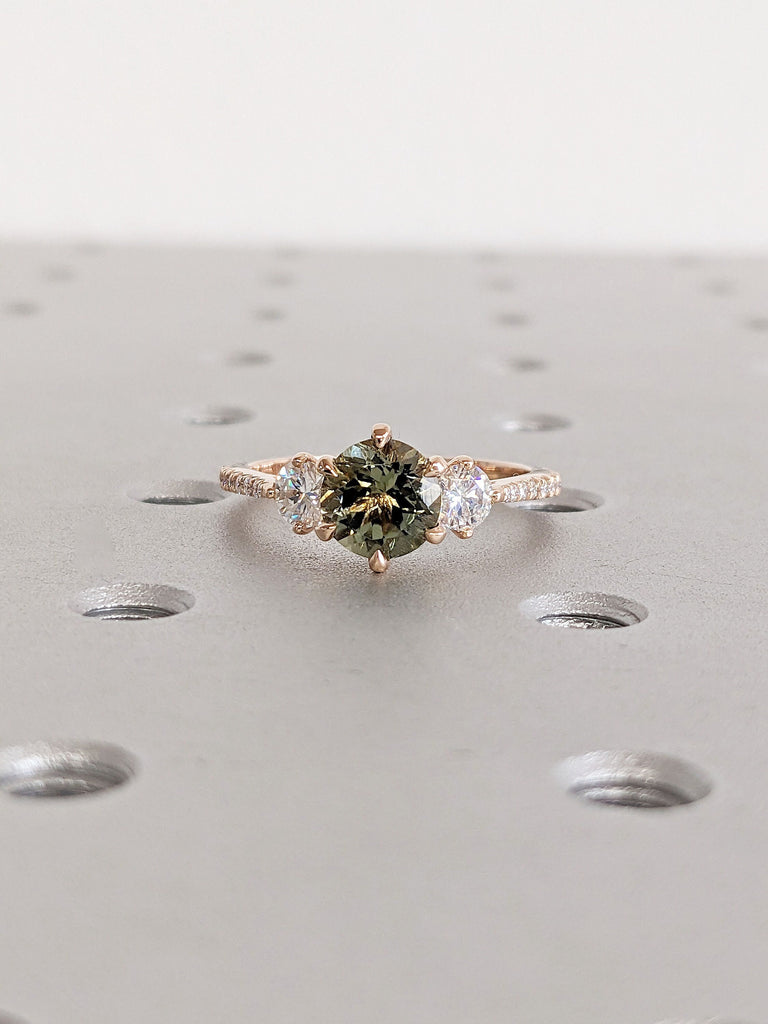 14k Rose Gold Engagement Ring | Solid Gold Vintage Green Tourmaline Ring | Mothers Round Three Stone Ring | Dainty Art Deco Trellis Ring