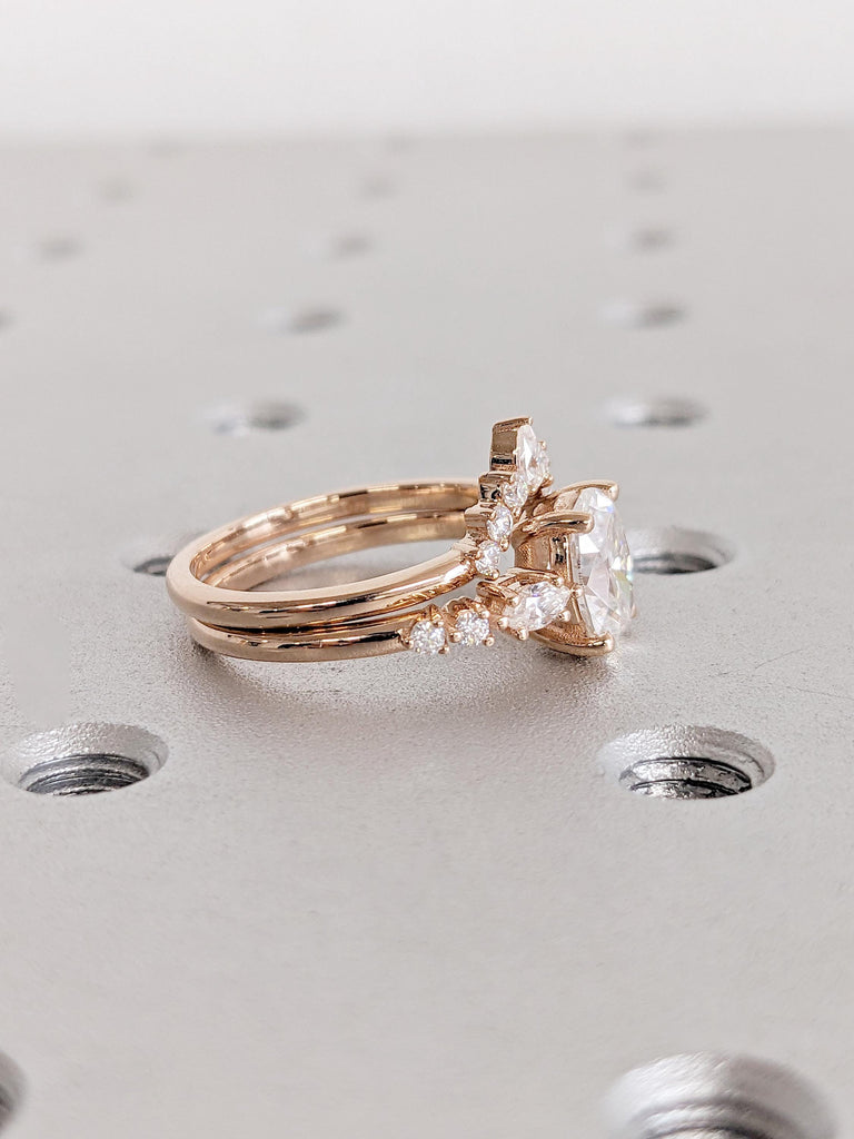 Oval Lab Grown Diamond Engagement Ring Set | Vintage Unique Rose Gold Promise Ring | Women Marquise Cluster Ring Diamond Wedding Bridal Ring