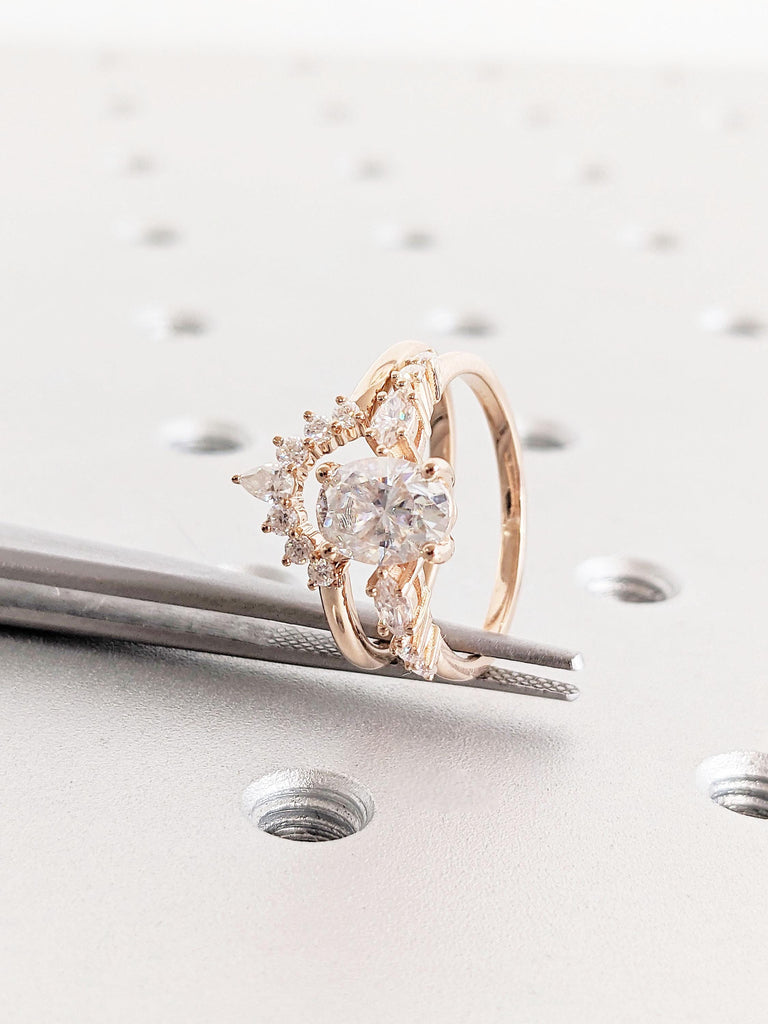 1, 1.5, 2ct Lab Grown Diamond Art Deco Promise Ring | 14K Rose Gold Vintage Tiara Diamond Cluster Stacking Ring | Bridal Crown Ring Jewelry Set for Her