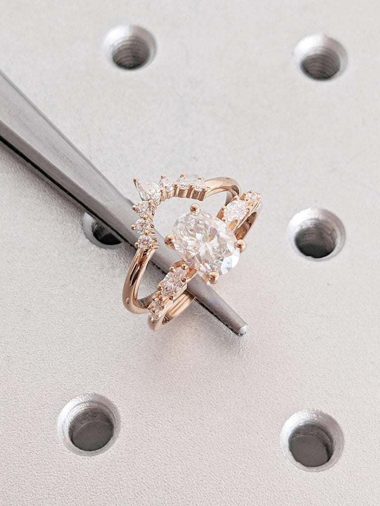 Oval Lab Grown Diamond Engagement Ring Set | Vintage Unique Rose Gold Promise Ring | Women Marquise Cluster Ring Diamond Wedding Bridal Ring