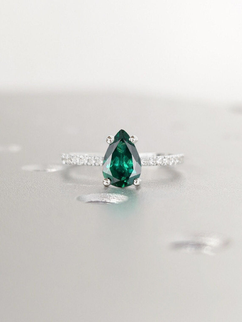 Classic Style Lab Emerald Pear Engagement Ring, Pear Cut Emerald Ring, White Gold Emerald Ring, Dainty Band, Accent Round Diamond/Moissanite