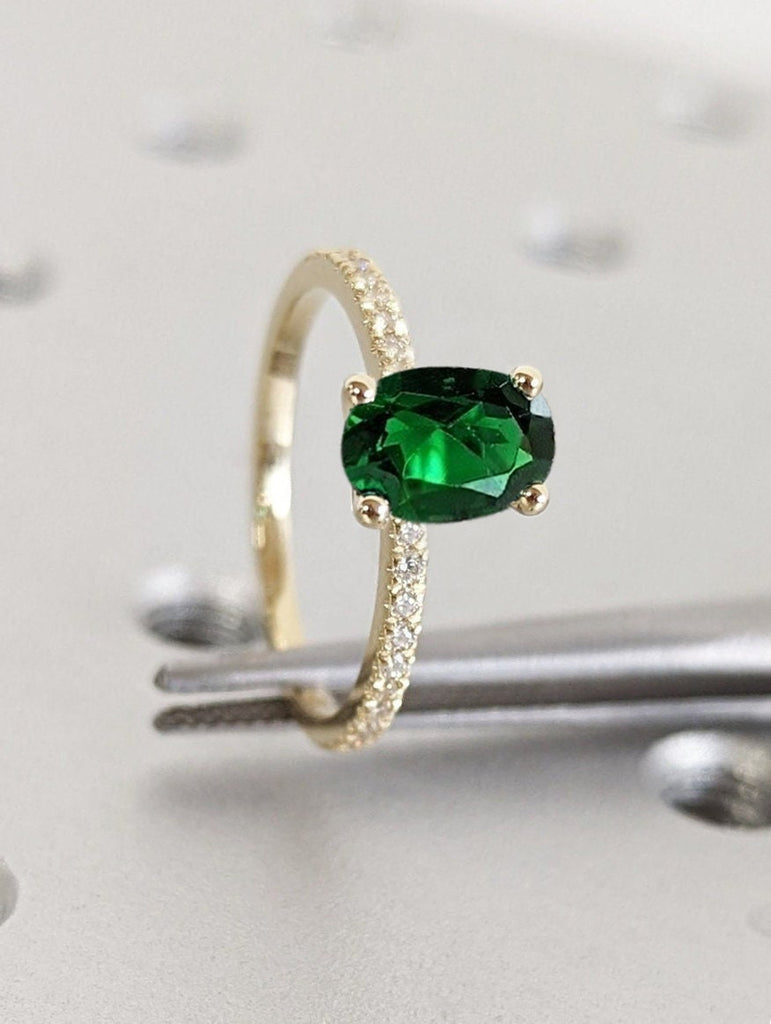 Solitaire Lab Emerald Engagement Ring, Oval Cut Emerald Ring, Yellow Gold Ring, Half Eternity Pave Diamond or Moissanite, Bridal Ring Women